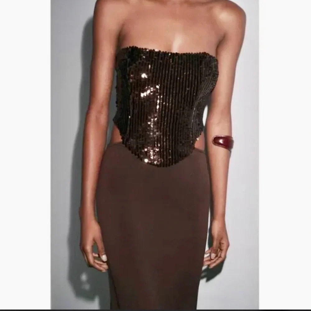 Zara sequin embellished brown Strapless cut out modern fit midi Dress size small - Picture 2 of 16